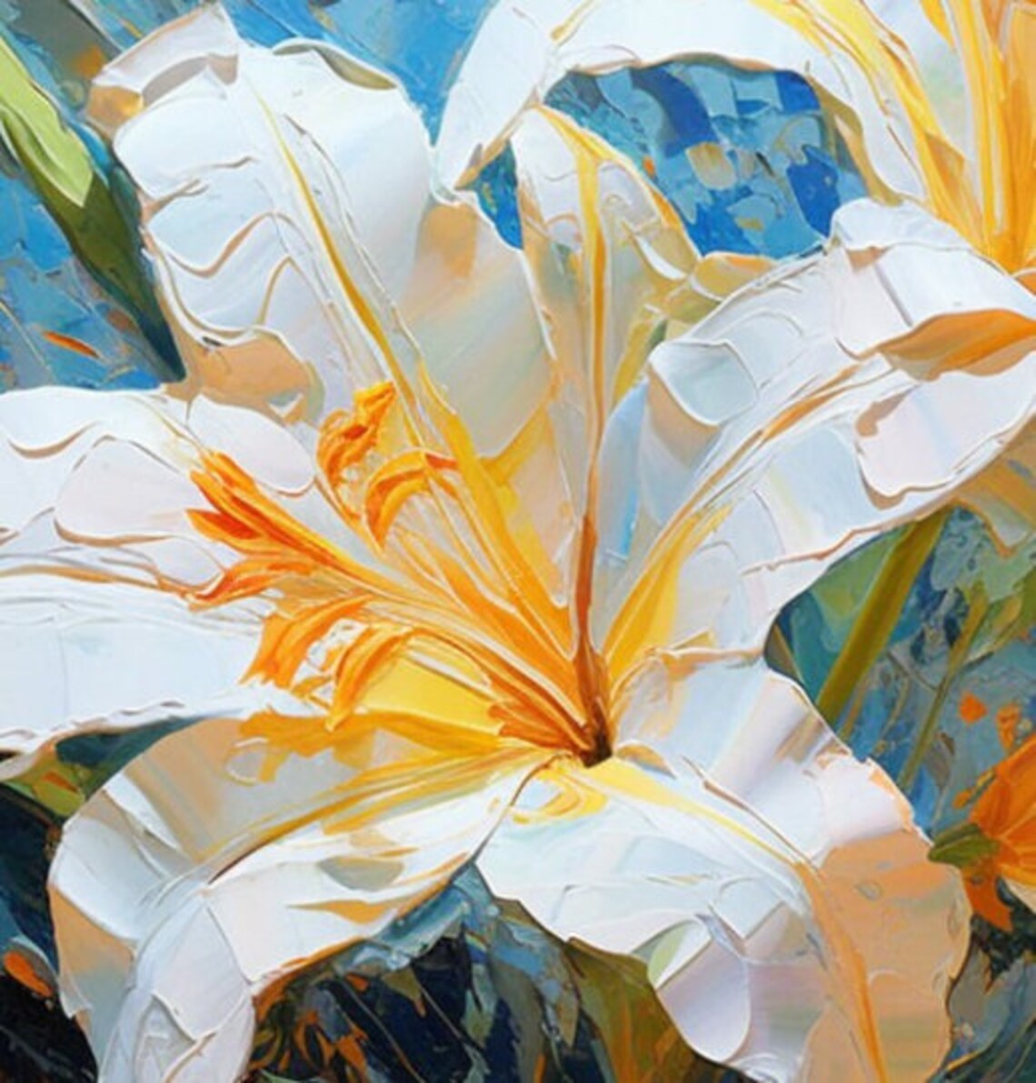 White Orange Lily Blooms Deep Blue Textured Floral Art Poster - Image 6