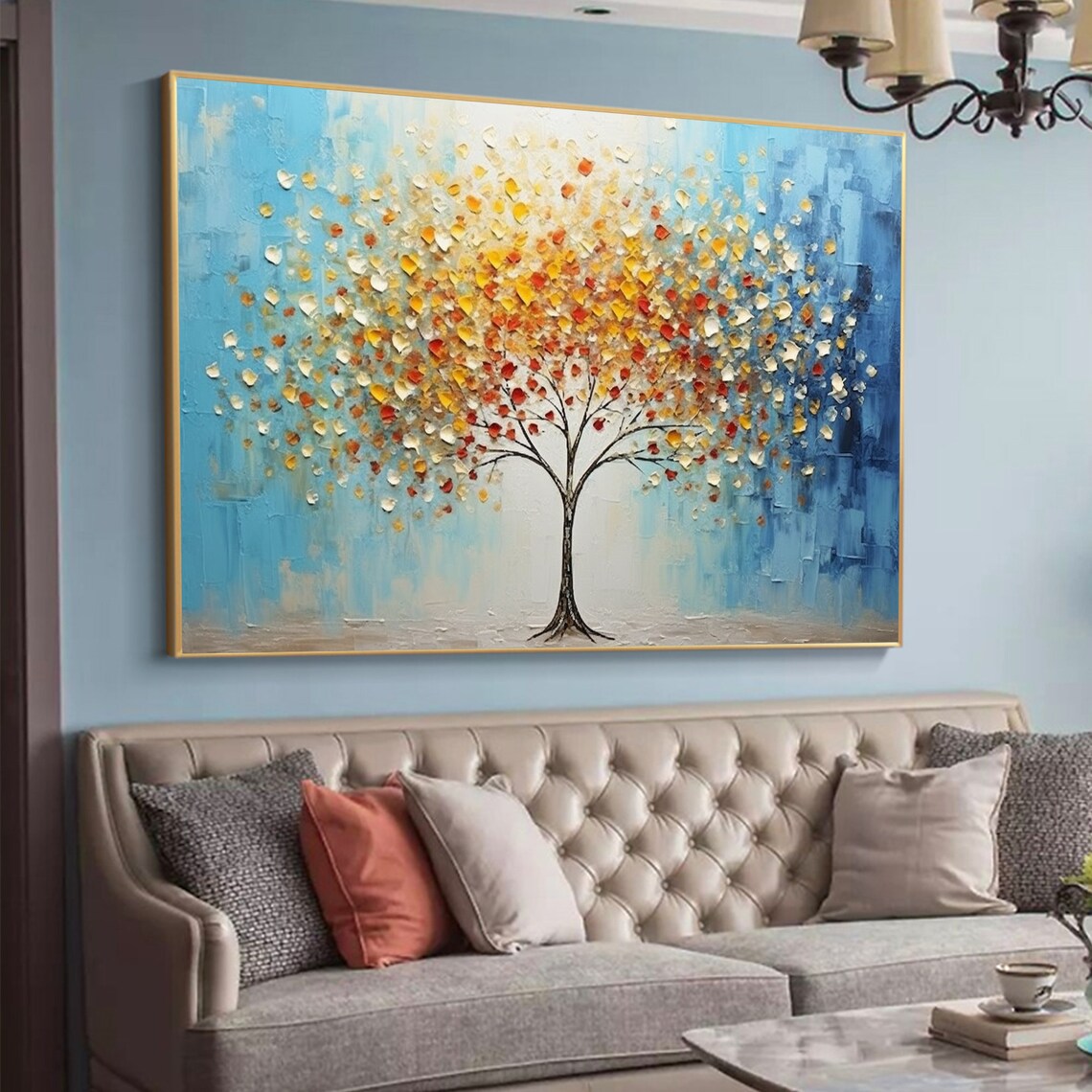 Tree of Life Golden Leaves Blue Sky Textured Canvas Art Poster - Image 5