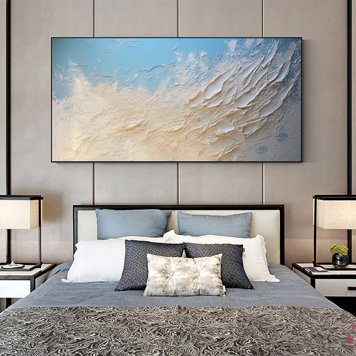 Ocean Wave Foam Abstract in Blue Cream Textured Oil Painting Poster - Image 4