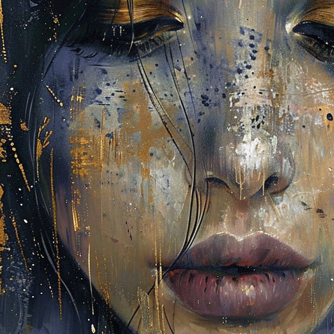 Woman's Face Abstract Portrait With Gold Leaf Oil Painting Poster - Image 6