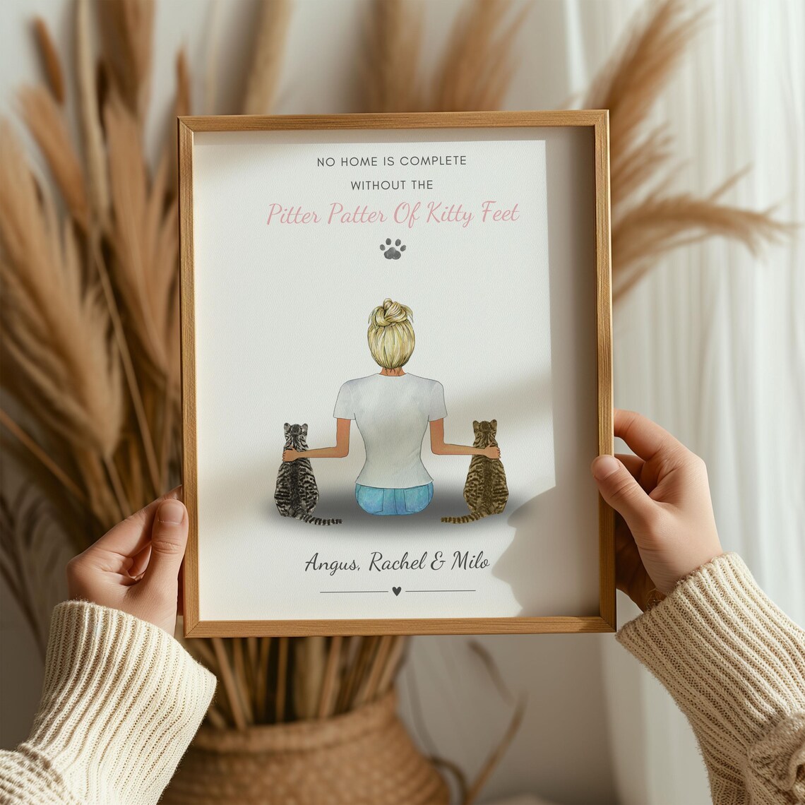 Pitter Patter Of Kitty Feet Print Woman With Two Tabby Cats Gift Art