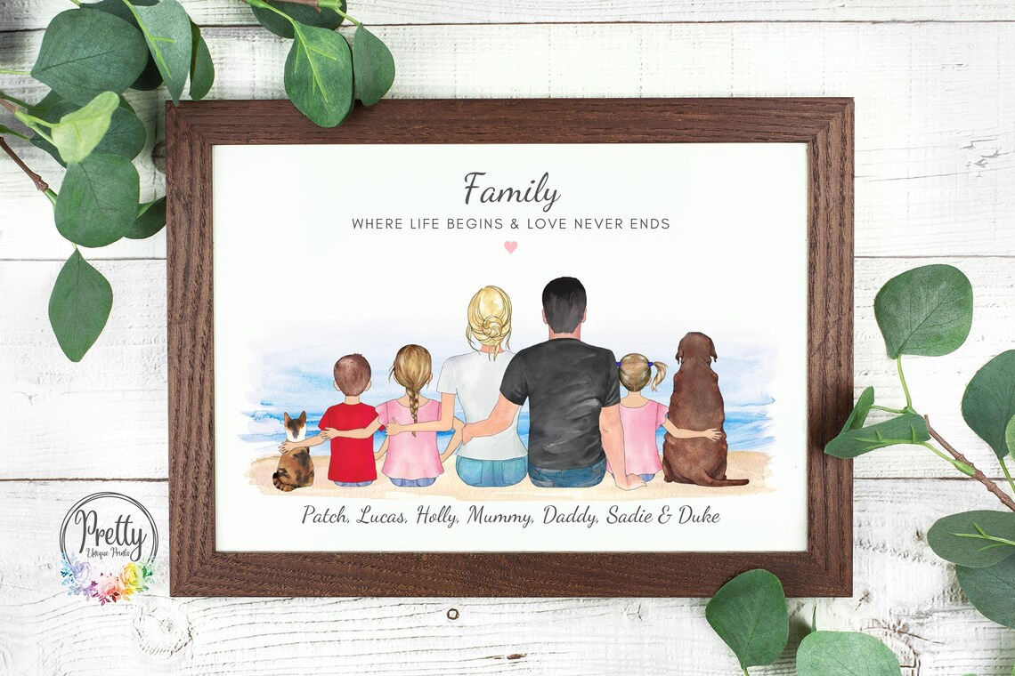 Personalized Beach Family Portrait With Pets Watercolor Print