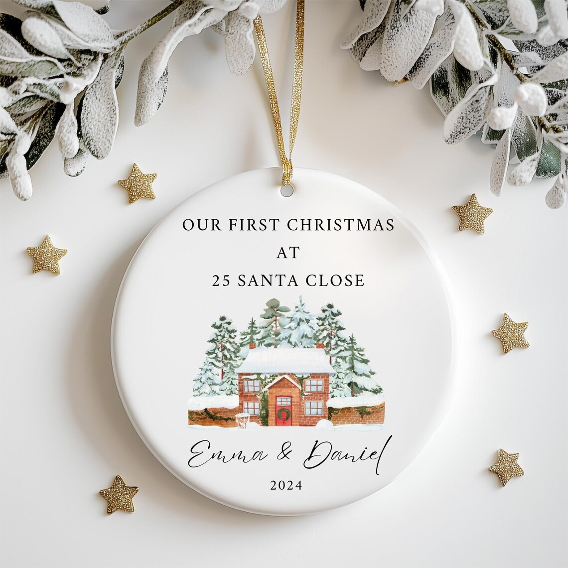 Our First Christmas In Our New Home Snowy Cottage Ornament Print