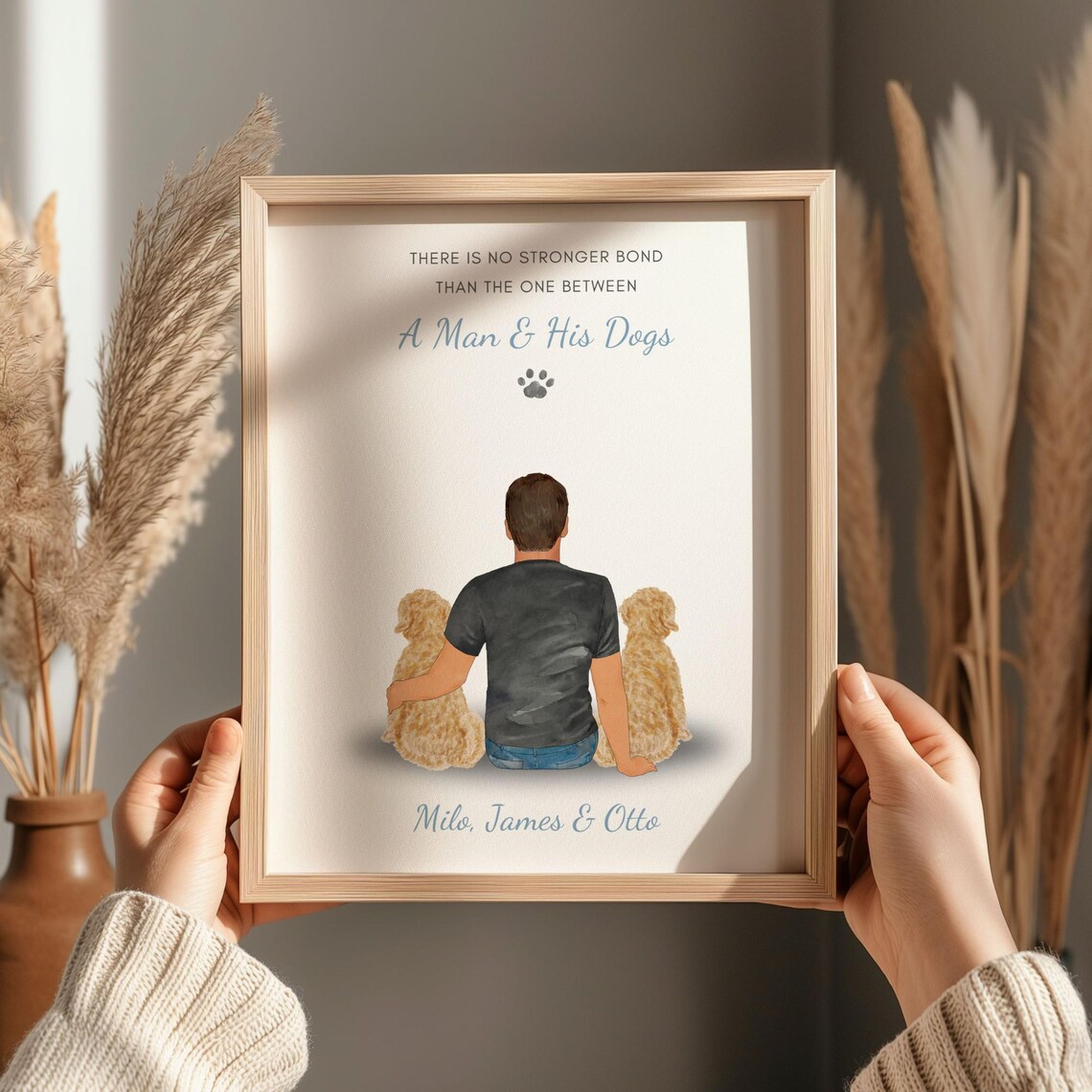 A Man And His Dogs Print Owner With Two Golden Puppies Keepsake Art