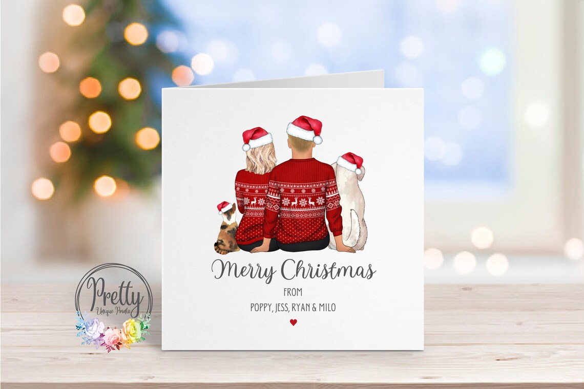 Merry Christmas From Card Couple With Dog And Cat In Santa Hats Print