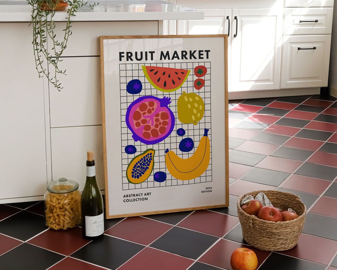 Fruit Market Watermelon Pomegranate Grid Retro Kitchen Abstract Poster