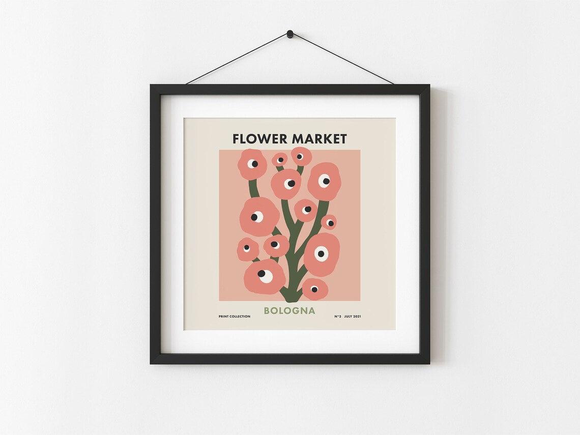 Flower Market Bologna Coral Pink Floral Retro Square Art Poster