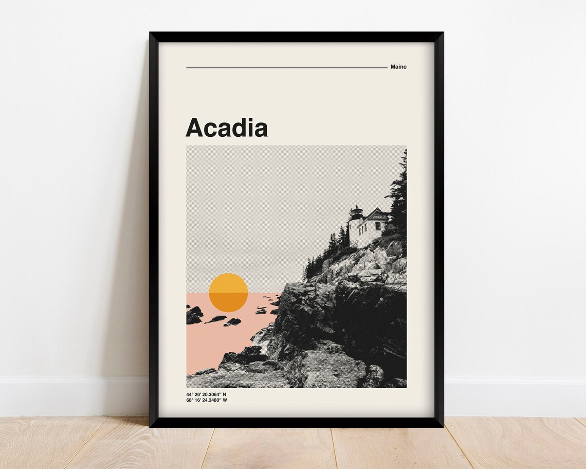Acadia National Park Retro Travel Poster, Bauhaus Style