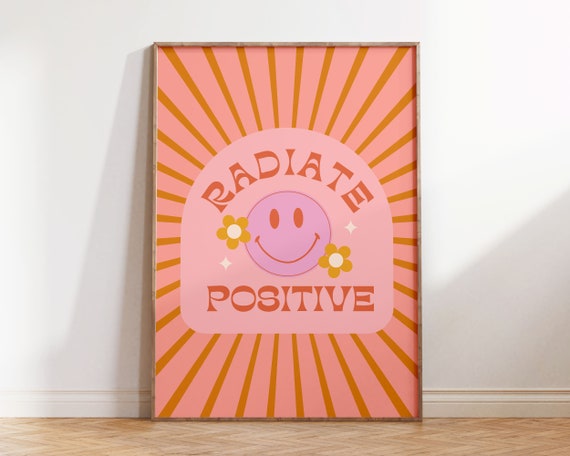 Funky Retro Wall Art Groovy Affirmation Print 60s 70s Aesthetic Hippie Room Decor Radiate Positive Orange Pink Poster
