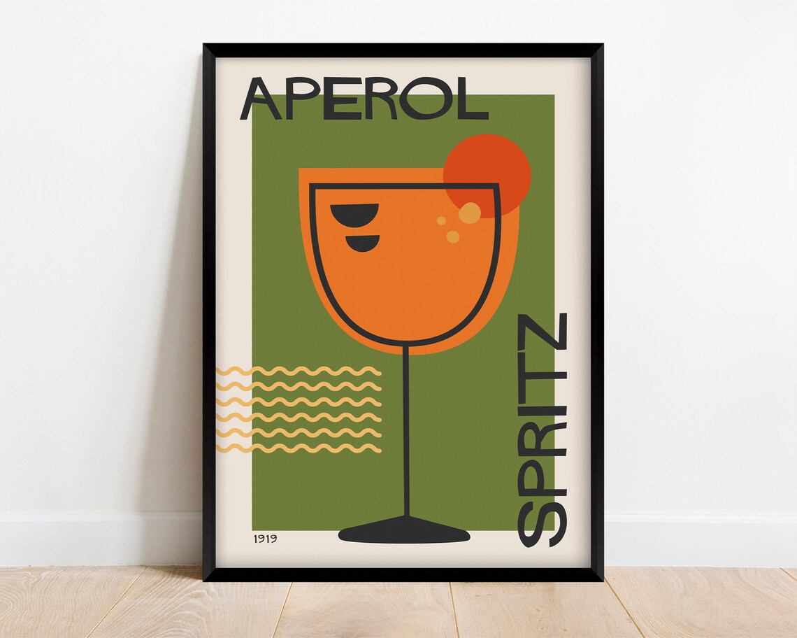Aperol Spritz Retro Cocktail Glass Orange Mid Century Modern Poster