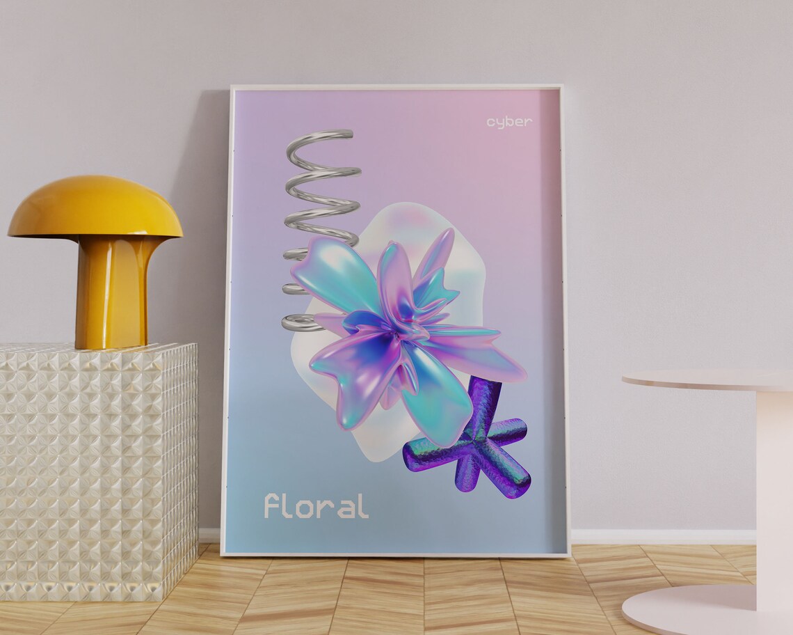 Cyber Floral Y2K Aesthetic Art Print, Floral Poster