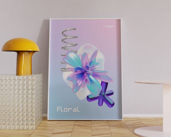 Cyber Floral Y2K Aesthetic Art Print, Floral Poster