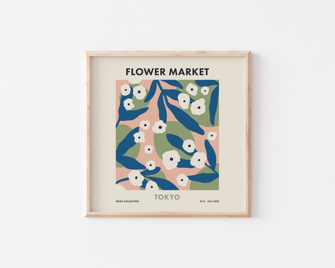 Flower Market Tokyo White Blossoms Retro Square Botanical Art Poster - Image 2