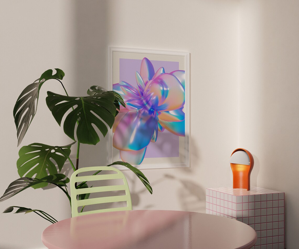 Y2K Iridescent Chrome Flower Holographic 3D Floral Abstract Art Poster - Image 2