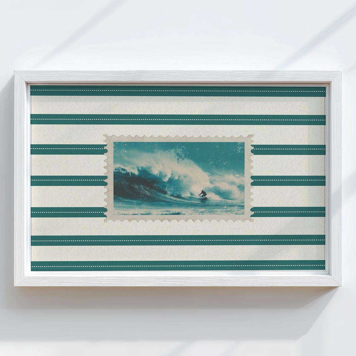 Surfer Riding Giant Wave Vintage Postage Stamp Coastal Wall Art
