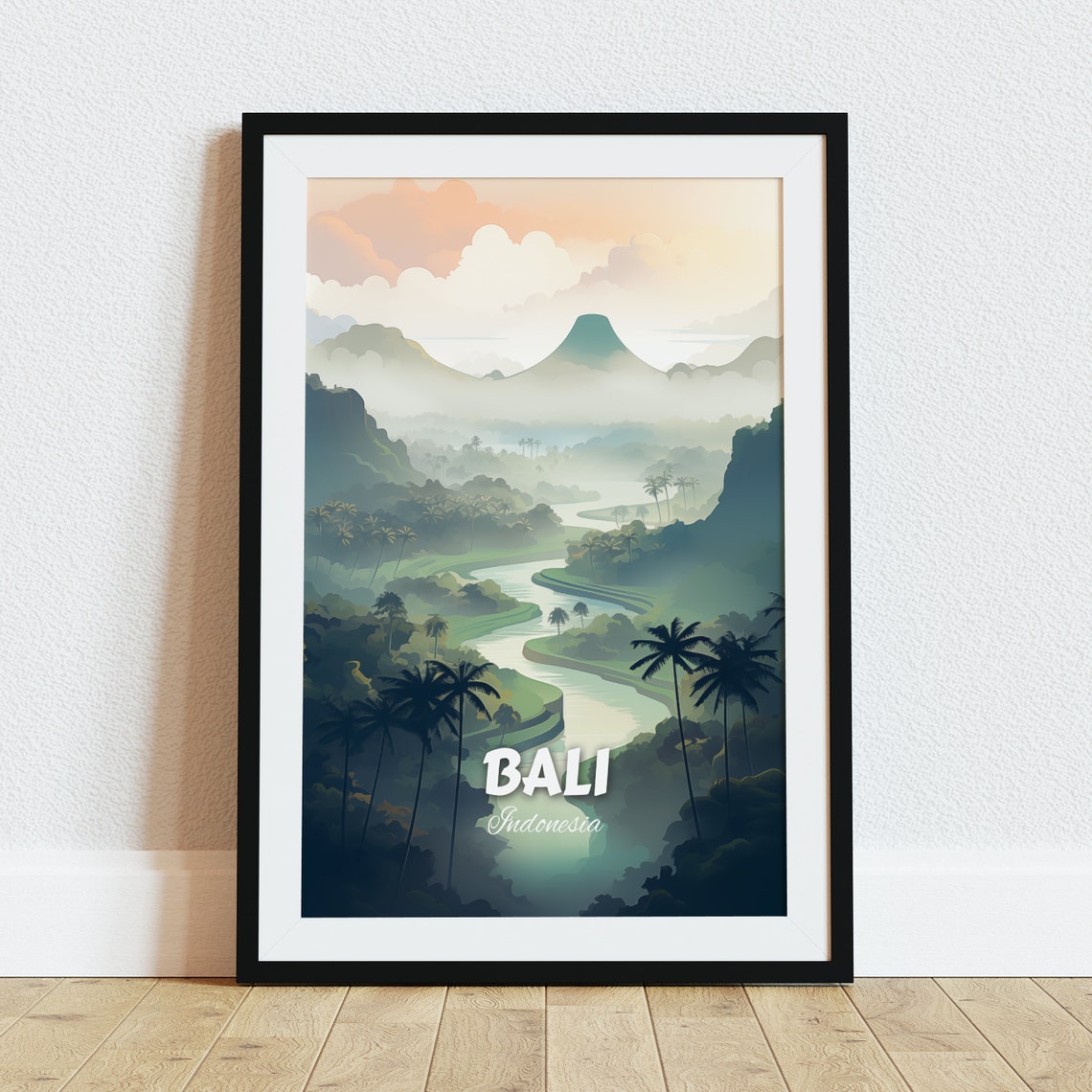 Bali Indonesia Volcano River Valley Palm Trees Travel Poster