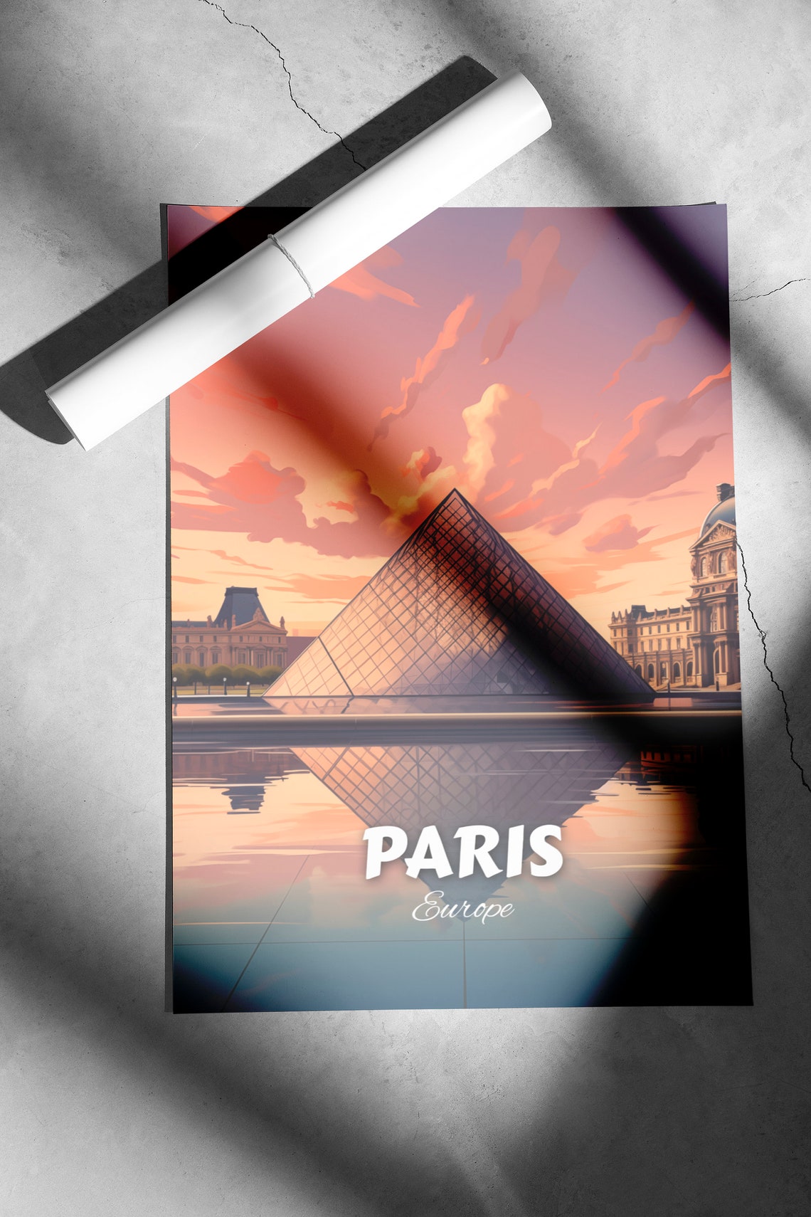 Paris Louvre Pyramid Sunset Reflection Vintage Travel Poster - Image 2