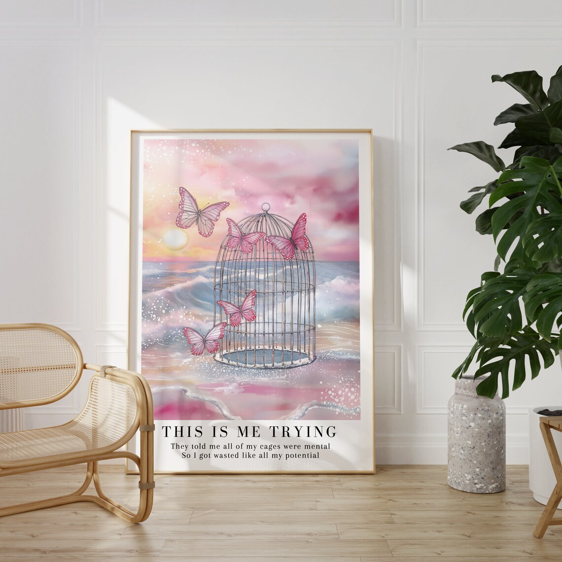This Is Me Trying Poster, Pink Butterfly Watercolor - Image 2