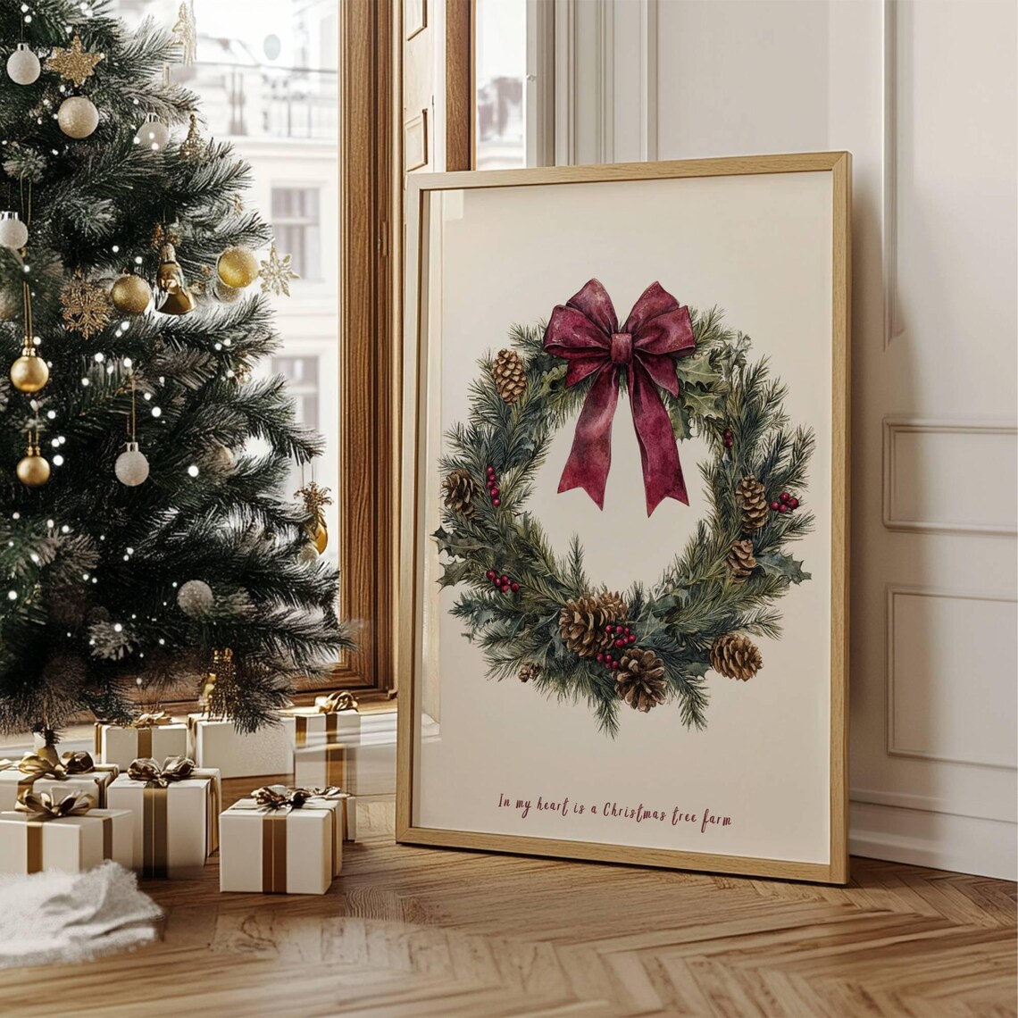 Christmas Tree Farm Christmas Wreath Holiday Art Print