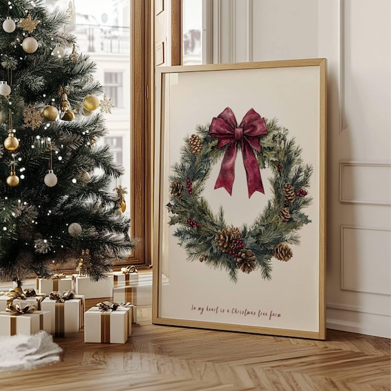 Christmas Tree Farm Christmas Wreath Holiday Art Print