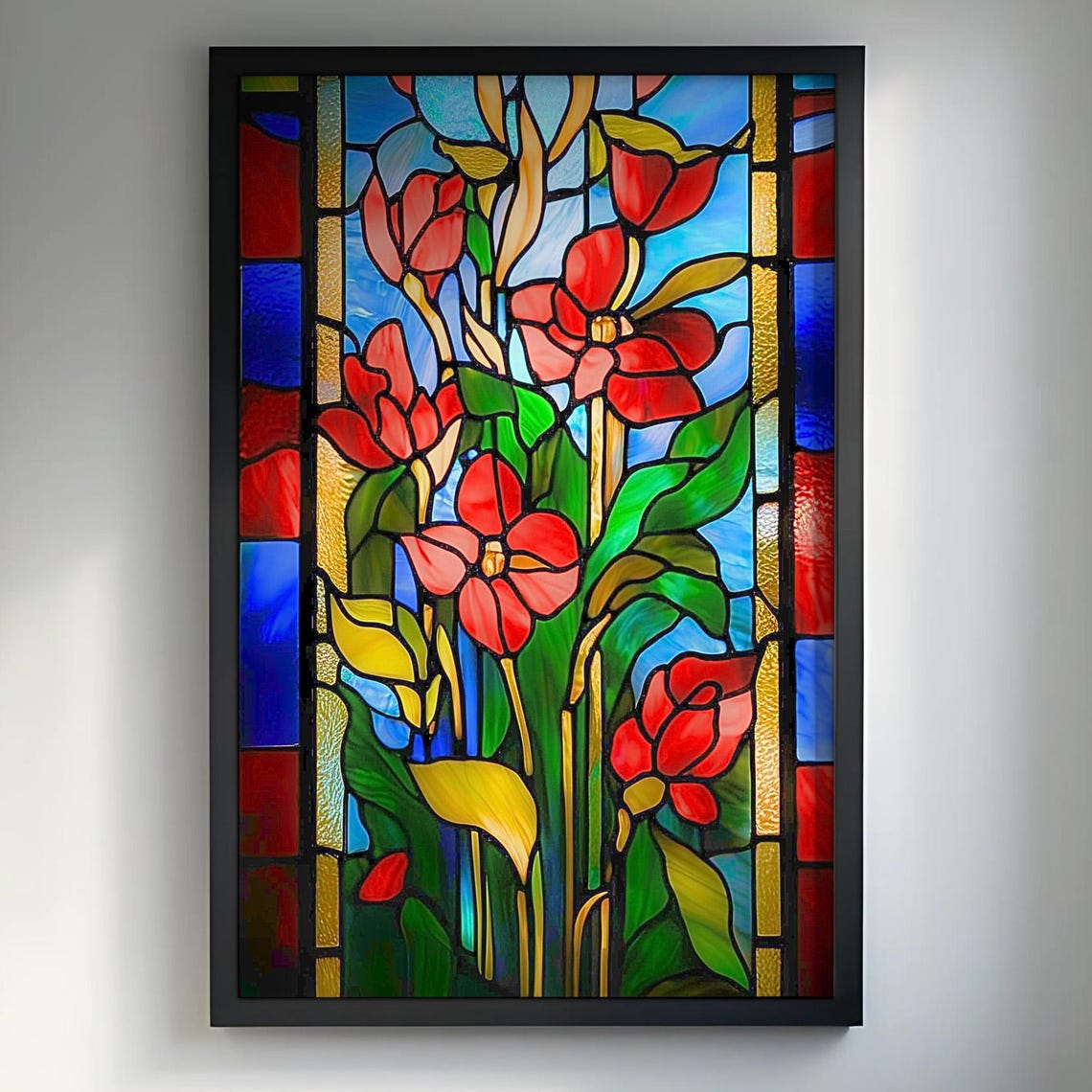 Red Tulip Stained Glass Floral Art Poster with Blue Green Background