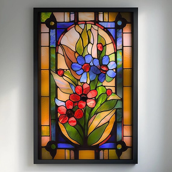 Vintage Stained Glass Floral Window Blue Red Flower Art Poster