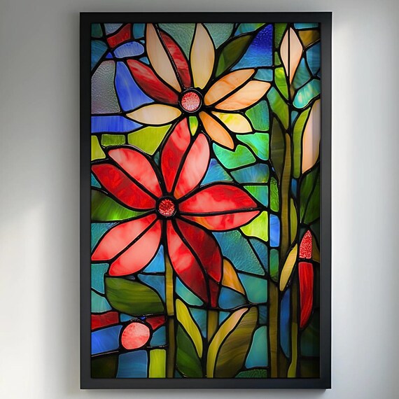 Stained Glass Blossoms Red Orange Green Botanical Art Poster
