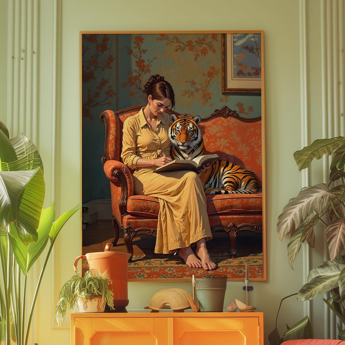 Woman Reading Book With Tiger Elegant Vintage Sofa Portrait Wall Art - Image 4