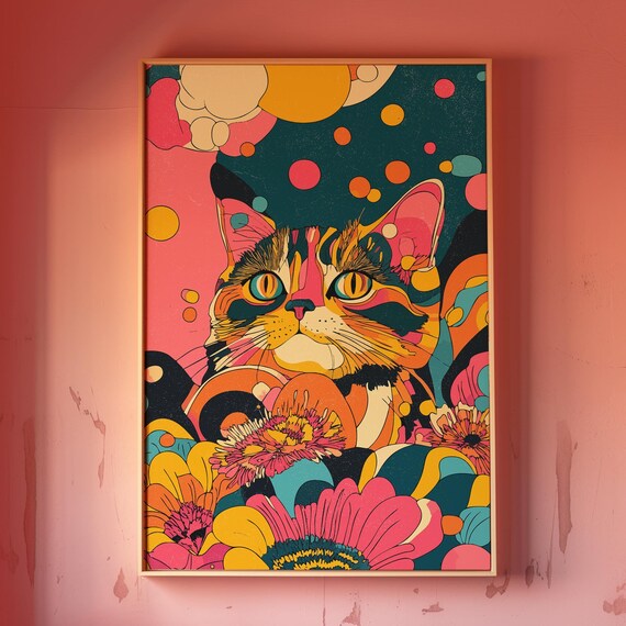 Cat Poster Retro 70s Colorful Wall Art Vibrant Aesthetic Art Cute Apartment Decor Cat Lover Gift Abstract Cat Print Retro 70s Decor