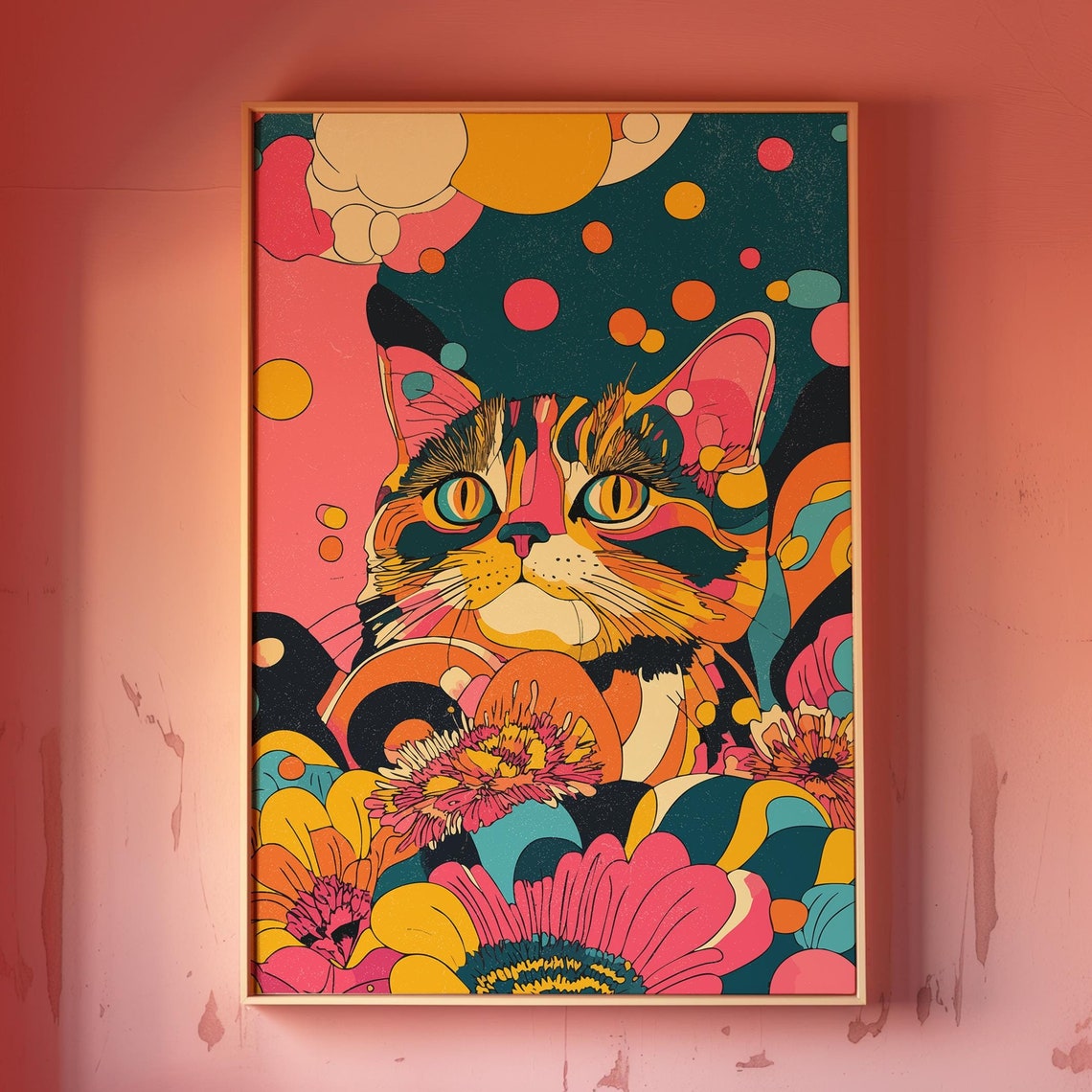 Psychedelic Colorful Cat Groovy Floral Aesthetic Retro Wall Art