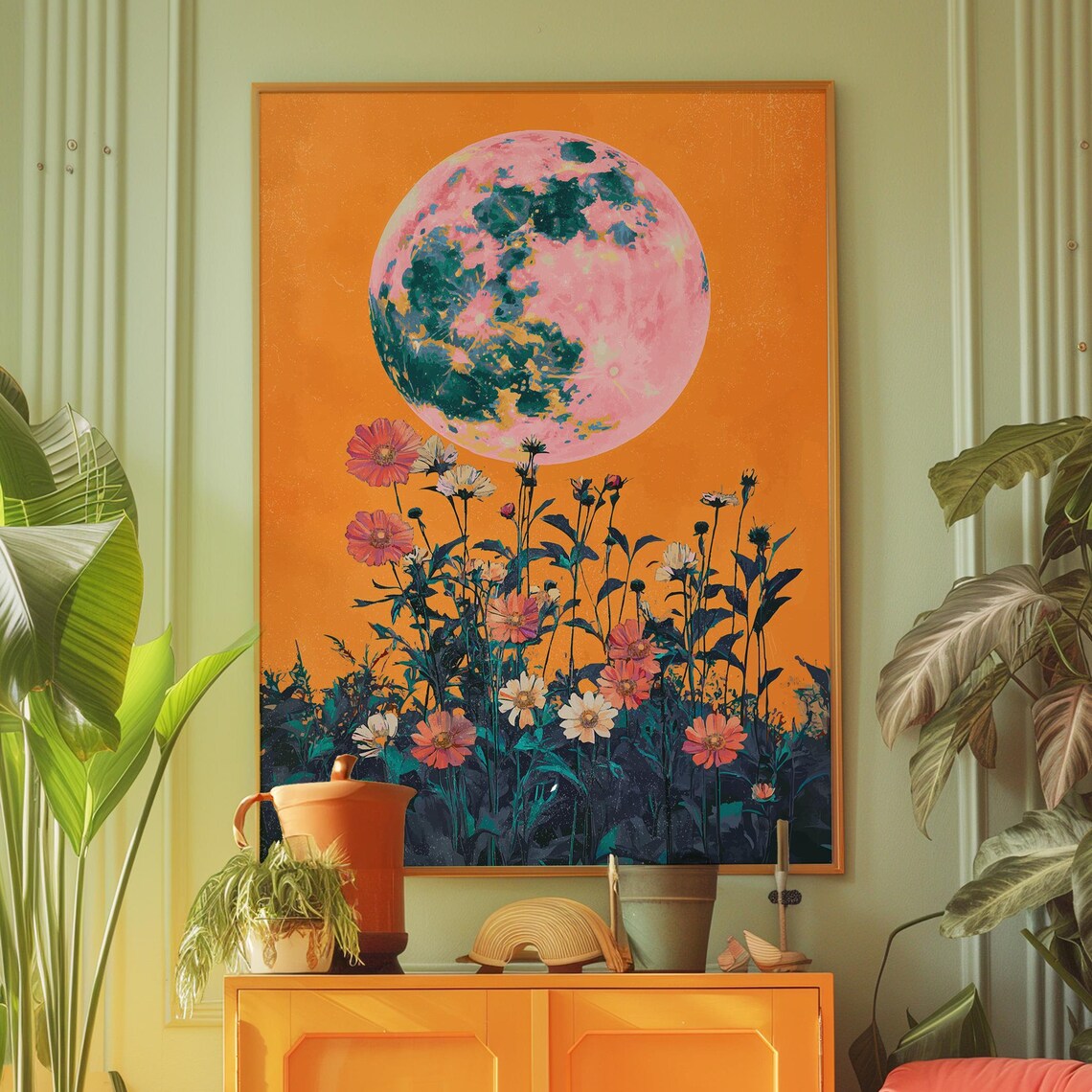 Wildflowers Moon Poster, Vintage Retro 70s Decor