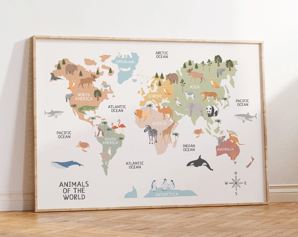 Animals World Map Art Print, Nursery Educational Map