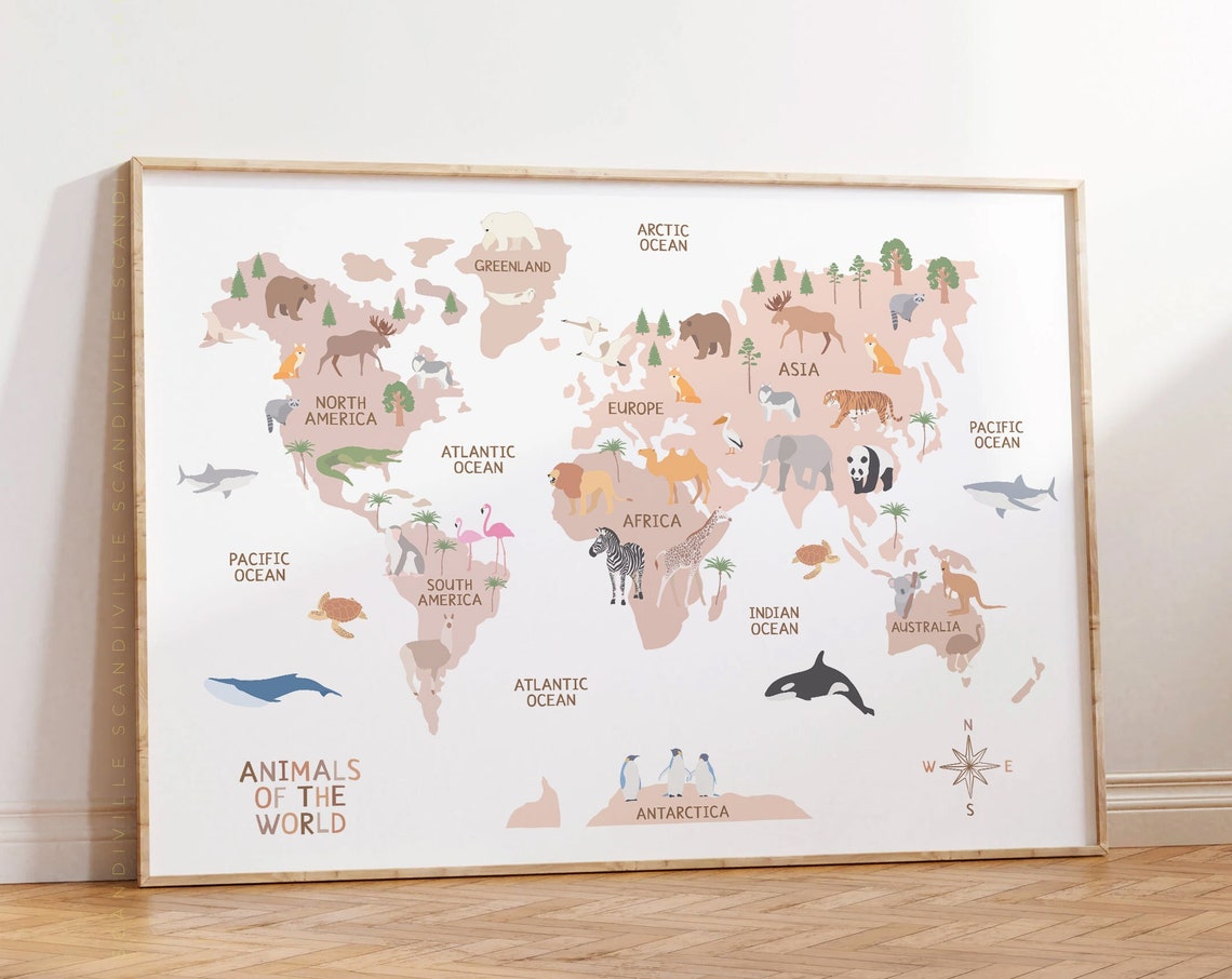 Animals Of The World White Nursery World Map Educational Poster Decor