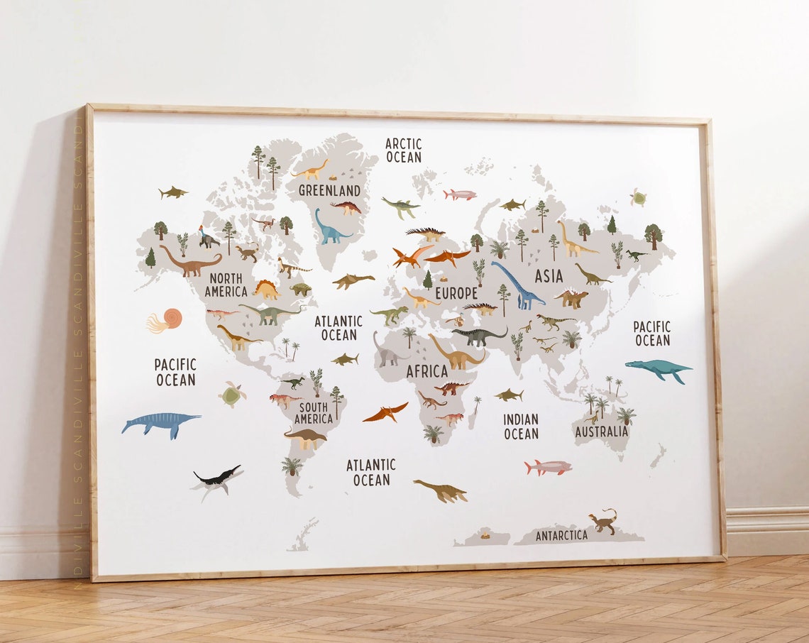 Dinosaur World Map White Nursery Dinosaurs Kids Room Wall Art