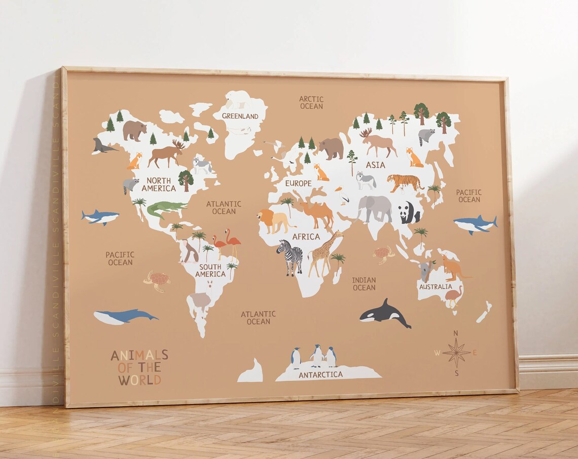 Animals Of The World Caramel Nursery World Map Animal Wall Art