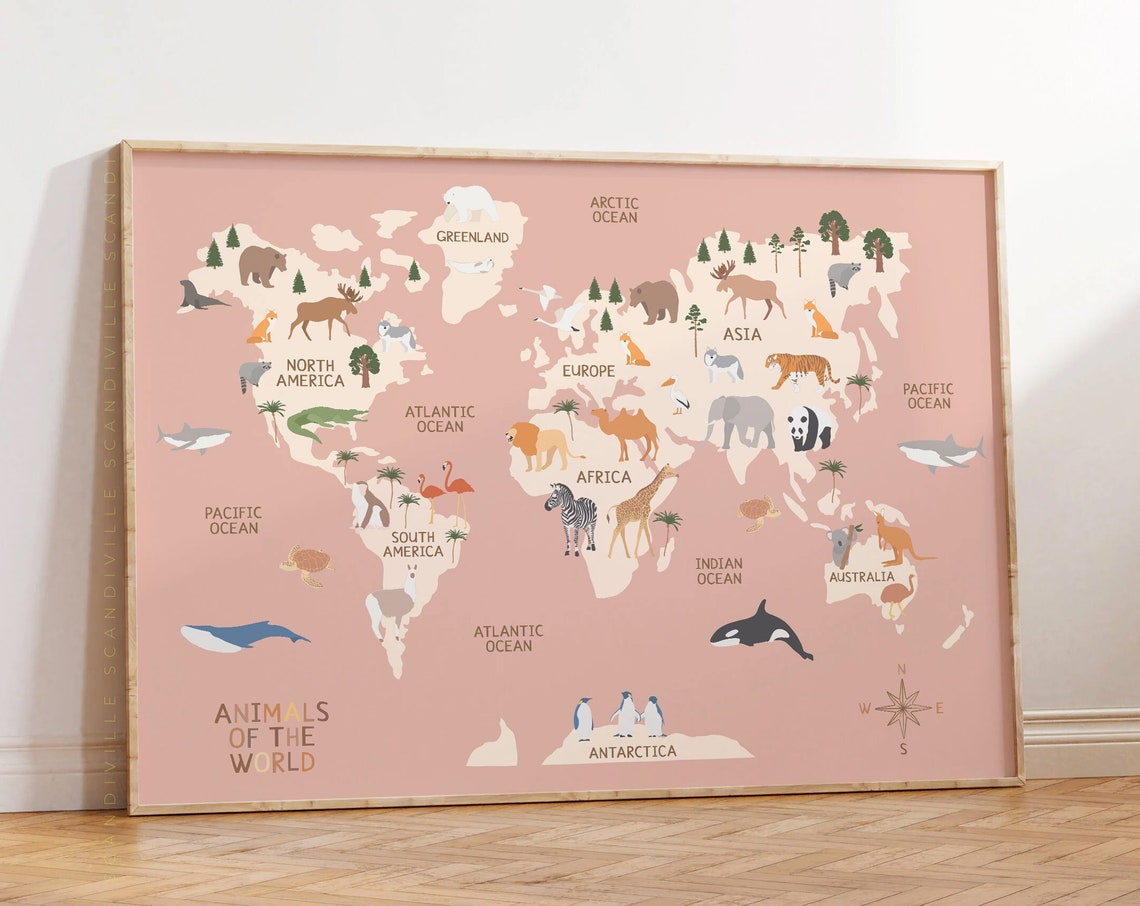 Animals Of The World Pink Nursery World Map Educational Poster Decor