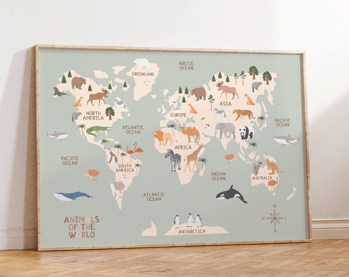 Animals Of The World Sage Nursery World Map Educational Poster Decor