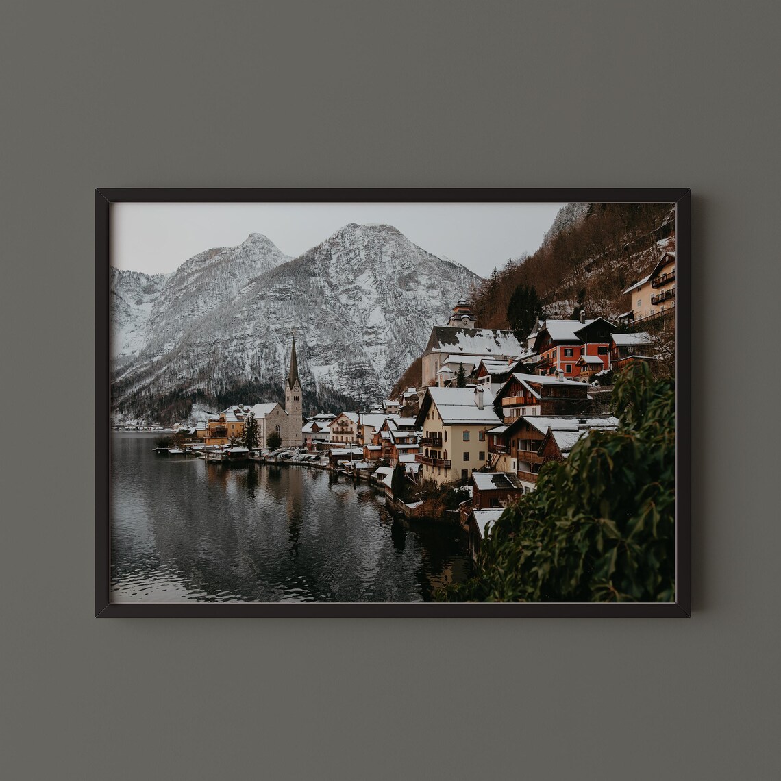Hallstatt Austria Winter Photography Snow Village Lake Mountains Church Spire Wall Art
