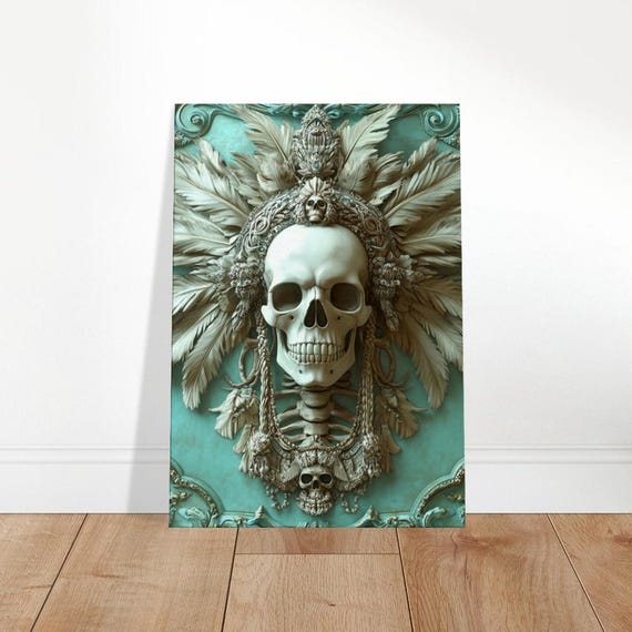 Baroque Skull Wall Art Gothic Teal Decor Macabre Renaissance Canvas Print Ornate Victorian Home Accent