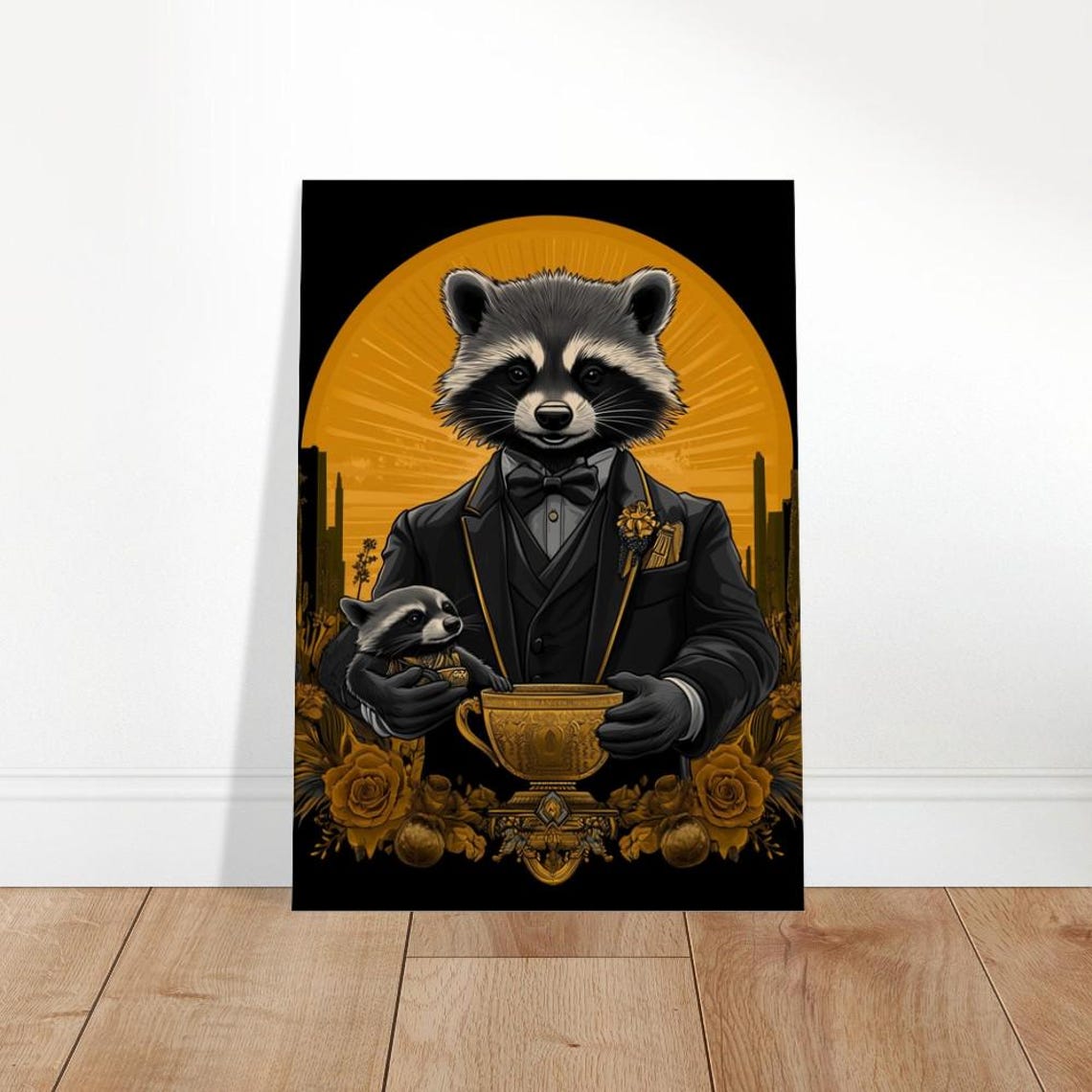 Dapper Raccoon In Suit With Gold Trophy Art Deco Style Animal Poster