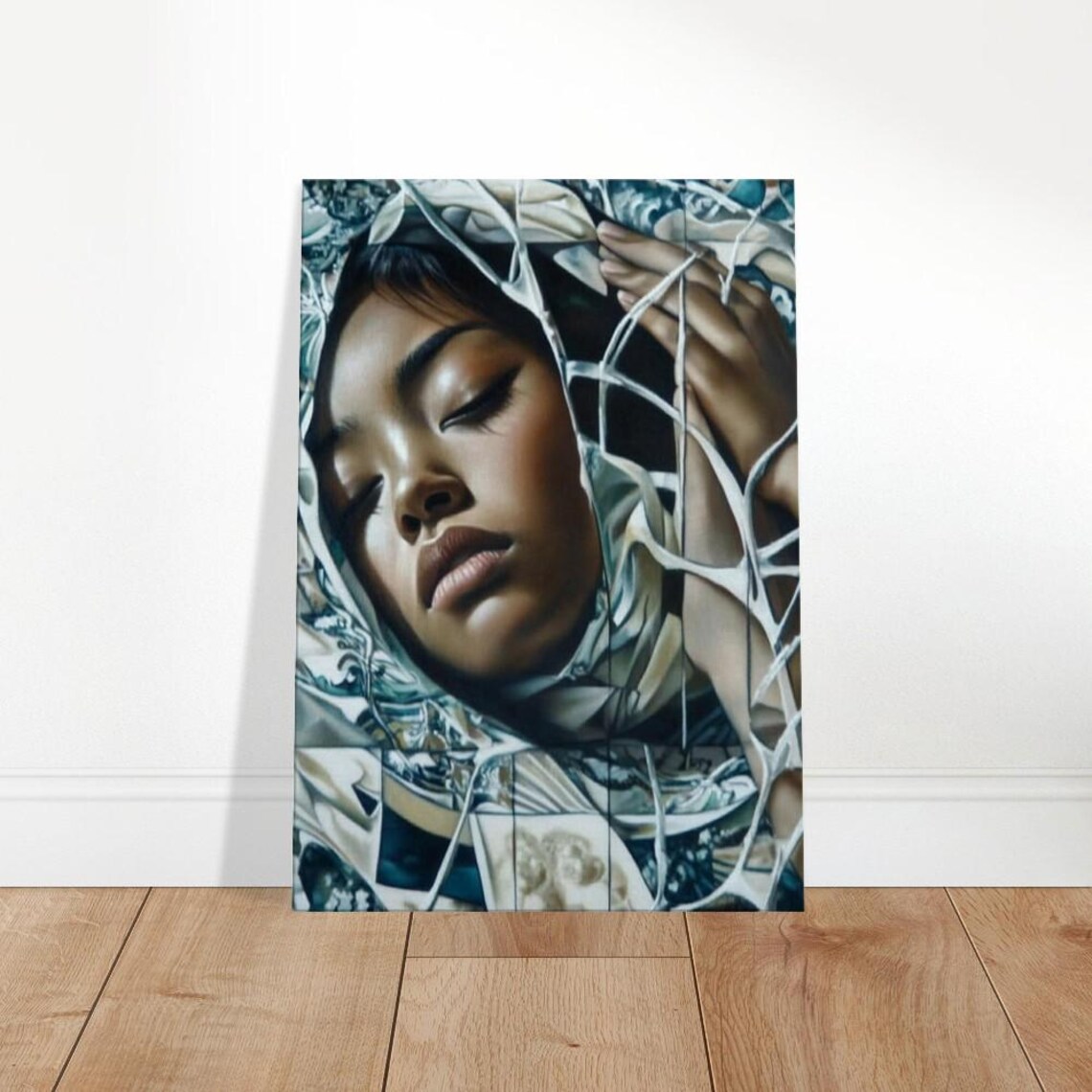 Serene Dreaming Woman Wrapped In Flowing White Fabric Portrait Poster