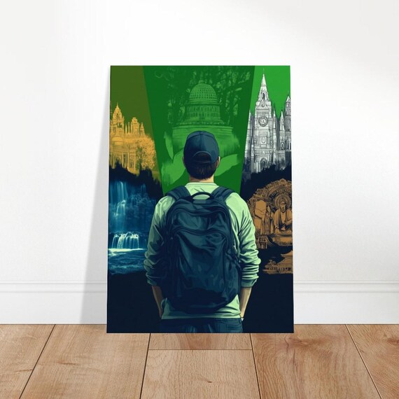 Global Explorer Traveler Backpack World Landmarks Wanderlust Art Poster