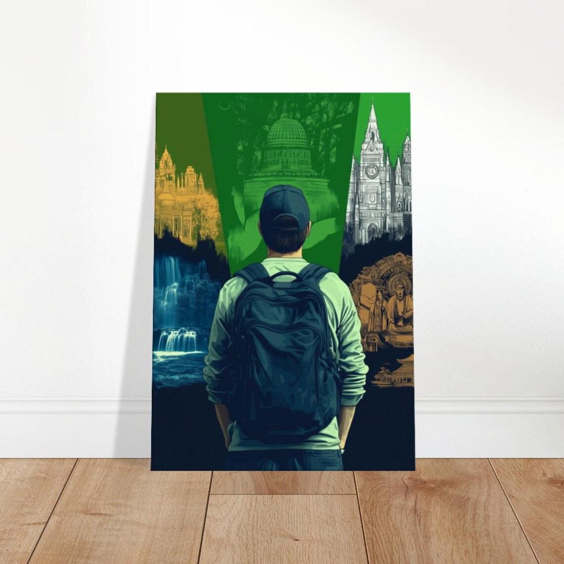 Global Explorer Traveler Backpack World Landmarks Wanderlust Art Poster
