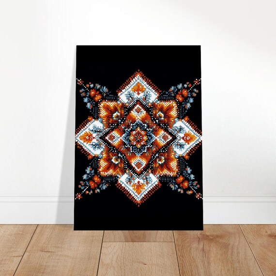 Renaissance Floral Star Pattern Orange Geometric Folk Art Poster