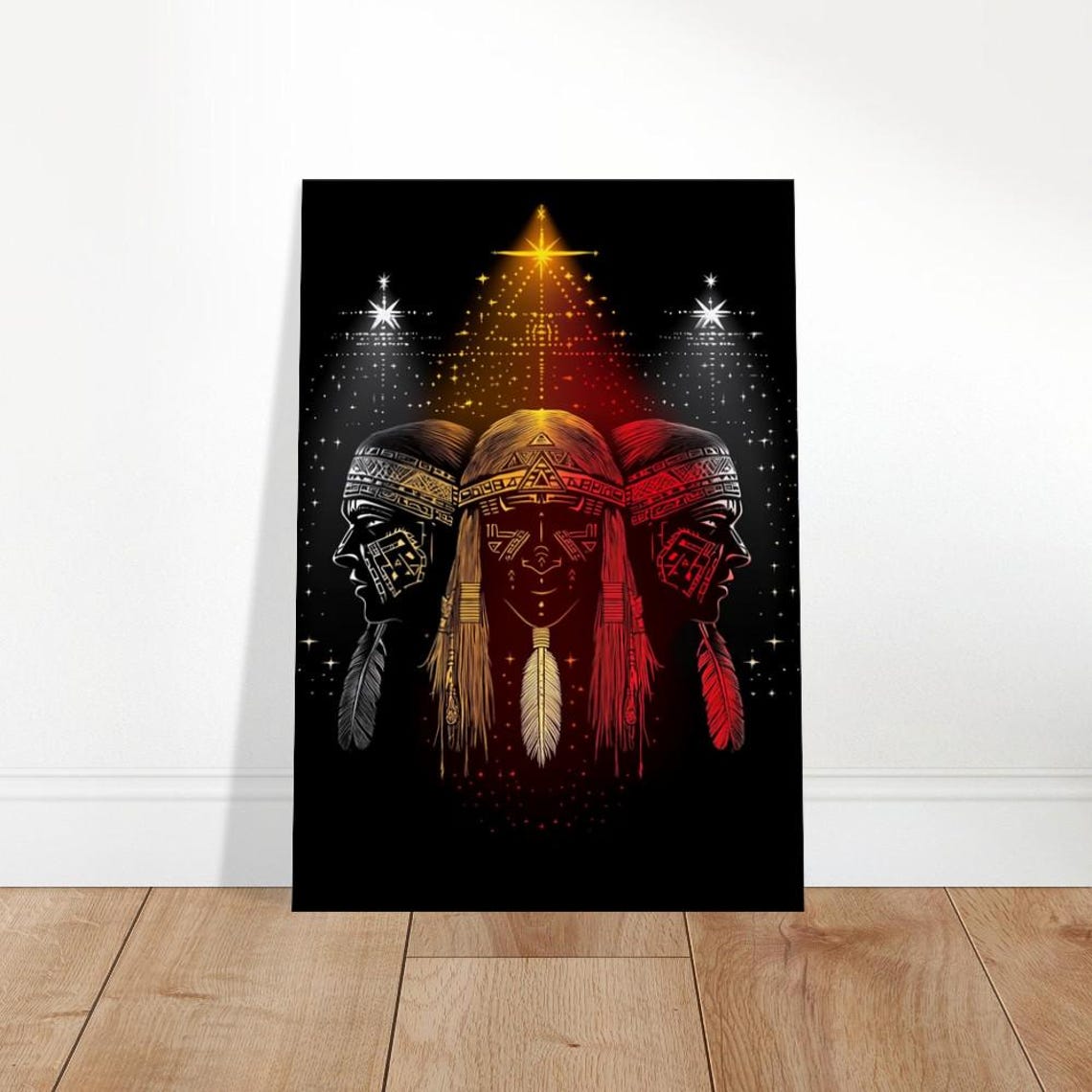 Neon Tribal Chiefs Portraits Starry Black Background Modern Poster