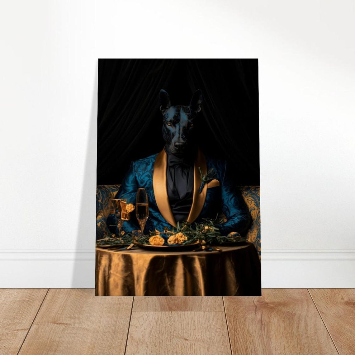 Doberman In Teal Suit Bow Tie Champagne Dinner Opulent Dog Wall Art