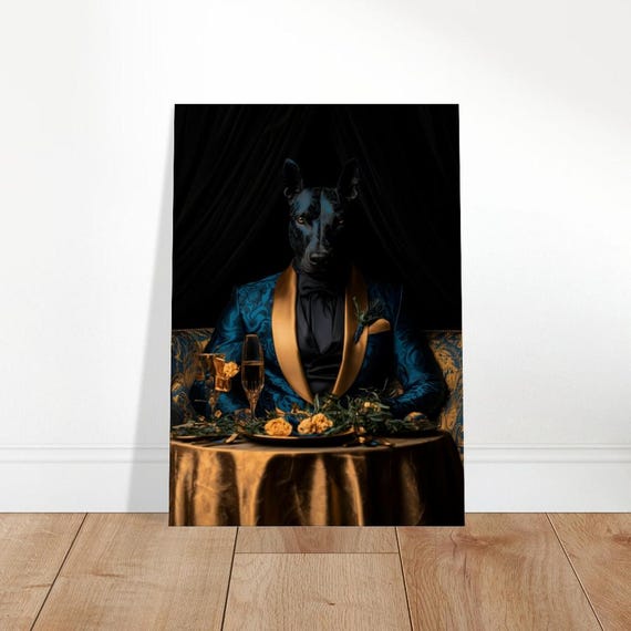 Doberman In Teal Suit Canvas Opulent Animal Fashion Print