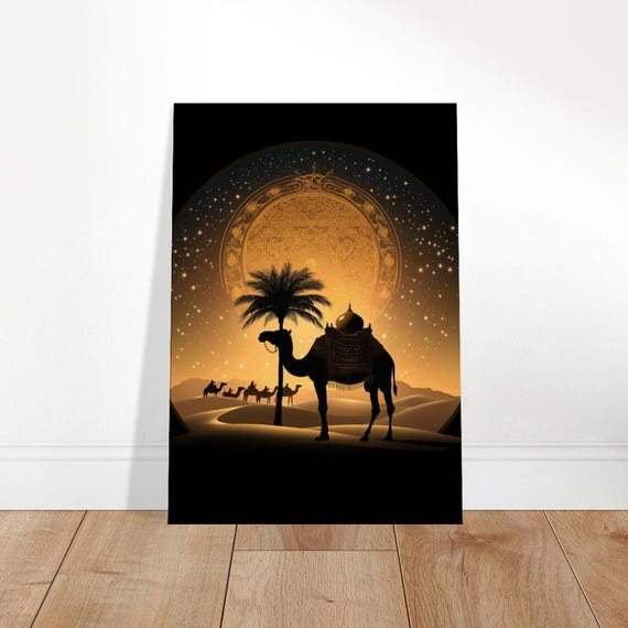 Desert Night Caravan Canvas Art Arabian Nights Wall Decor Mystical Gold Black Boho Home Accent