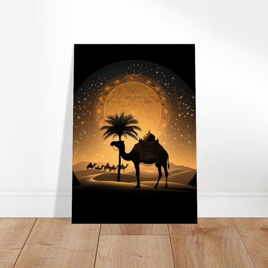 Desert Night Camel Caravan Golden Moon Arabian Nights Art Poster