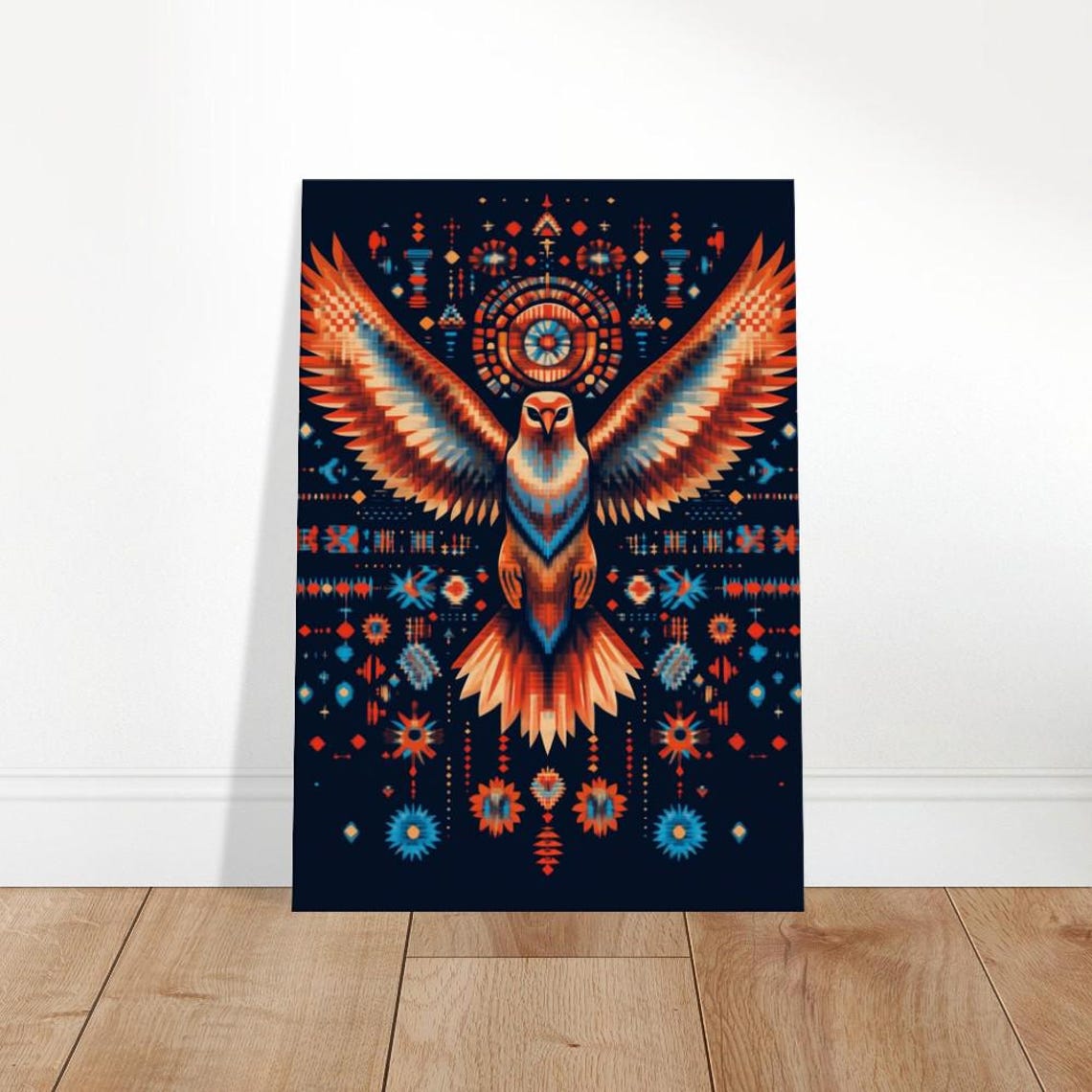 Soaring Phoenix Rising Vibrant Folkloric Aztec Style Bird Poster